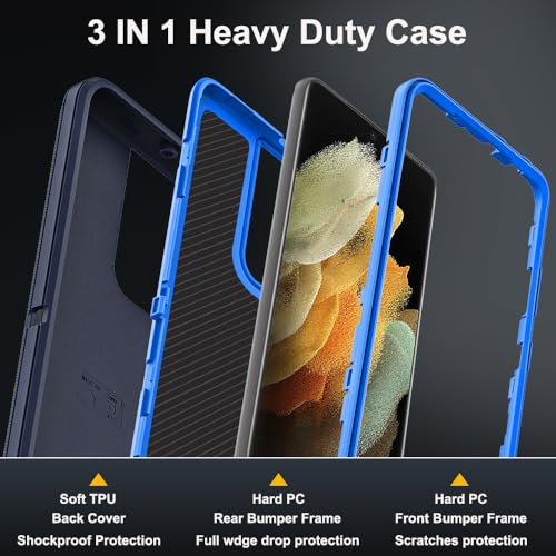 for Samsung Galaxy S21 Ultra Case with 2Pcs Self Healing Flexible TPU Screen Protector & Camera Lens Protector, 3 in 1 Heavy Duty Shockproof/Drop Proof/Dust Proof Case (Navy Blue) - color: Navy Blue