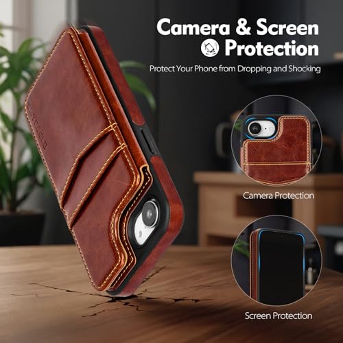 SkyEagle Compatible with MagSafe iPhone 17e / 16e Case Wallet,Brown | Magnetic Clasp,RFID Blocking,PU Leather,Flip Folio Shockproof Phone Cover,with Credit Card Slots & Kickstand for Men & Women - color: Brown