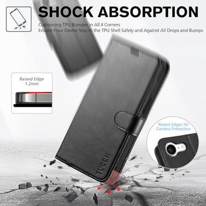 TUCCH Wallet Case for iPhone 17e/iPhone 16e (6.1"), 4 Card Holders, Black | RFID Blocking, Viewing Stand, Shockproof TPU Shell, PU Leather, Magnetic Closure, Protective Folio Flip Cover - color: Black