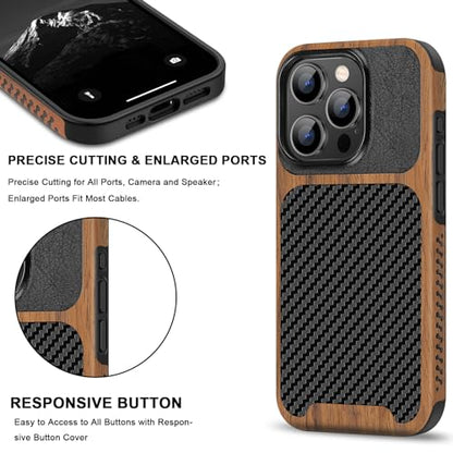 TENDLIN Compatible with iPhone 15 Pro Case Wood Grain with Carbon Fiber Texture Design Leather Hybrid Slim Case (Black) - color: Black, size: iPhone 15 Pro