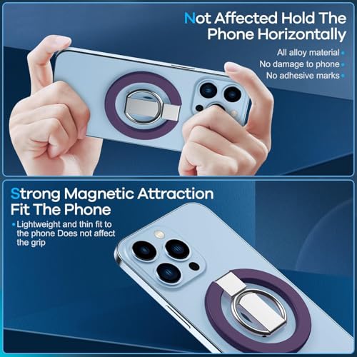 Purple Phone Ring Holder Case Compatible Magnetic Grip Rotation iPhone 17 16 15 14 13 12 11 Samsung Galaxy S24 Anti-Drop Kickstand Adjustable Finger Loop Wireless Charging Foldable Lightweight - color: Purple Metal Holder