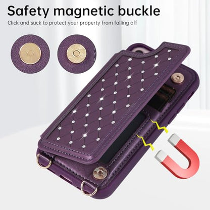 for iPhone 7/8/SE 2022/SE 2020 Wallet Case with Card Holder Slots and Strap, RFID Blocking Magnetic Flip Folio Cover, Crossbody Purse Protection Case with Kickstand,Deep Purple Diamond - color: Deep Purple Diamond, size: iPhone 7/8/SE 2022/SE 2020(6.6")