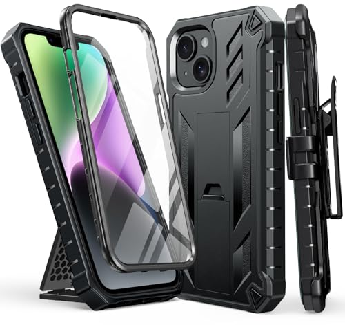 FNTCASE for iPhone 14 Plus Case, Belt Clip, Built-in Screen Protector | Rugged Kickstand, 20FT Military-Grade Drop Protection, Full Body Heavy Duty Shockproof Holster, Hard Protective Cover - color: Black Black