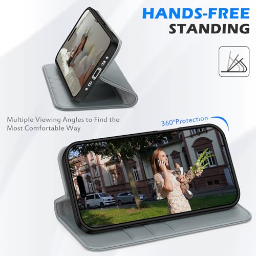 SHIELDON Genuine Leather Case Wallet for iPhone Air 6.5" 2025, Grey | Folio Magnetic Closure, RFID Blocking, Credit Card Holder, Kickstand, Shock Absorbing Protective Cover - color: Gray