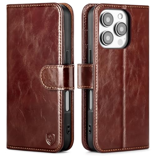 Compatible with iPhone 16 Pro Max Genuine Leather Case Wallet with Card Holder,Women Men Real Leather Flip Folio RFID Blocking Credit Card Slots Phone Cover,for Apple 16 ProMax,Brown - color: Brown, size: iPhone 16 Pro Max - 6.9"