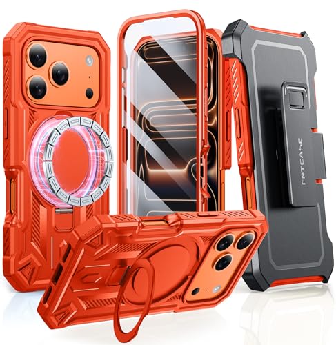 FNTCASE for iPhone 17 Pro-Max Case Fit for MagSafe with Belt Clip Orange | Built-in Screen Protector, Sturdy Magnetic Kickstand, 360 Rotatable Holster, 20FT Military Drop Protection, Heavy Duty Cover - color: Orange, size: For Iphone 17 Pro Max (6.9 Inch)
