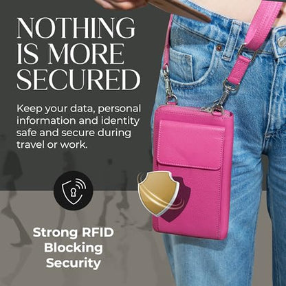 BULL GUARD Crossbody Bag for Women, Leather Phone Wallet Purse with Adjustable Anti Theft Strap & RFID Blocking 12 Card Slots - color: Pink Fairy Bliss Refresher - Small