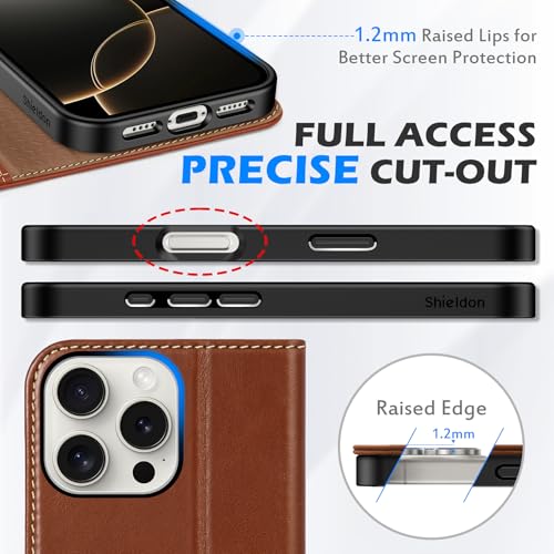 SHIELDON Real Leather Case Wallet for iPhone 16 Pro Max 6.9", Retro Brown | Flip Magnetic Cover, RFID Blocking, Credit Card Holder, Kickstand, Book Design, Shock-Absorbent Phone Cover - color: Retro Brown