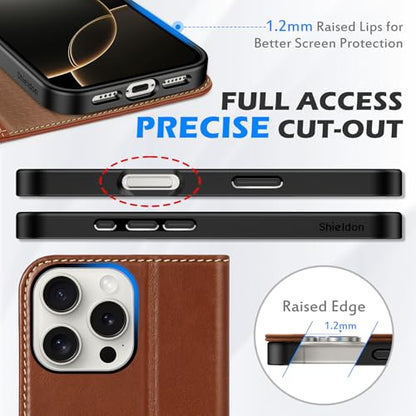 SHIELDON Real Leather Case Wallet for iPhone 16 Pro Max 6.9", Retro Brown | Flip Magnetic Cover, RFID Blocking, Credit Card Holder, Kickstand, Book Design, Shock-Absorbent Phone Cover - color: Retro Brown
