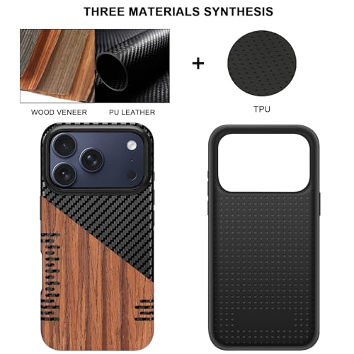 TENDLIN Compatible with iPhone 17 Pro Max Case Wood Grain with Carbon Fiber Texture Design Leather Hybrid Slim Case (Twill) - color: Twill, size: iPhone 17 Pro Max