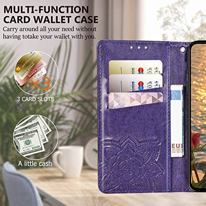 for Moto G Power 2022 Case Wallet,Women Flip Cover,Purple | Butterfly Embossed PU Leather Kickstand Credit Card Holder Slots Magnetic Wrist Strap Purse - color: Purple
