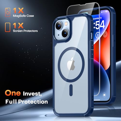 TAURI for iPhone 14 Case, Compatible with MagSafe, Blue | with Screen Protector, Not-Yellowing Military-Grade Protection, Shockproof Slim Magnetic Case for iPhone 14 - color: B-Magnetic Blue