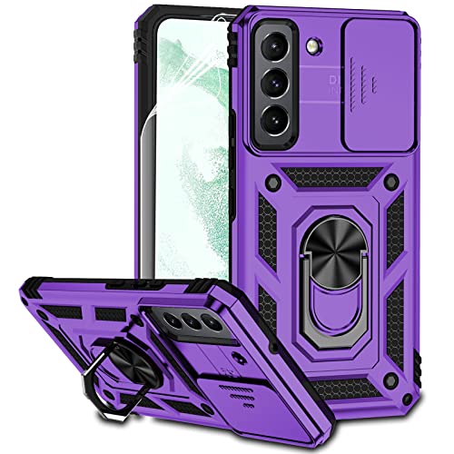 for Samsung Galaxy S22 Case with Camera Lens Cover HD Screen Protector, Dual Layer Military-Grade Drop Tested Magnetic Ring Holder Kickstand Protective Phone Case for Samsung Galaxy S22 5G (Purple) - color: Purple with camera cover Military-Grade 2nd gen