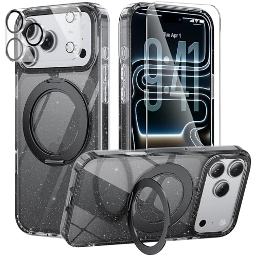 360°Ring Stand for iPhone 17 Pro Max Case with 1X Screen Protector +1X Camera Cover,Fit for MagSafe, Anti-Yellowing & Scratch-Resistant Back Phone Case for iPhone 17 Pro Max 6.9", Clear Black Glitter - color: Clear Black Glitter Stand, size: Iphone 17 Pro