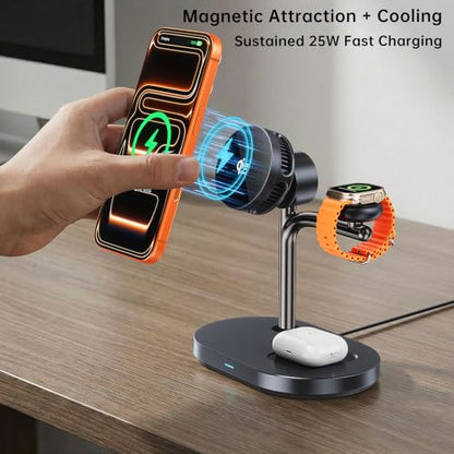 Qi2.2 25W 3 in 1 Wireless Charging Station with TEC Active Cooling Mag-Safe Charger Stand,Magnetic Qi 2 Wireless Charger for iPhone 17-8,Galaxy S26/S25/S24,Apple/Samsung Watch,Pods/Buds (Black) - color: black