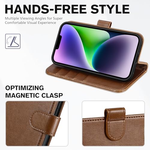 TUCCH Case Wallet for iPhone 14 (6.1") 2022, RFID Blocking Folio, Brown | 4 Card Holders, Kickstand, PU Leather, Magnetic Closure, Shockproof TPU Shell, Protective Flip Cover - color: Brown