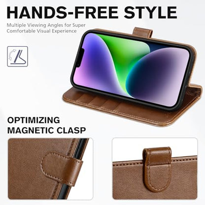 TUCCH Case Wallet for iPhone 14 (6.1") 2022, RFID Blocking Folio, Brown | 4 Card Holders, Kickstand, PU Leather, Magnetic Closure, Shockproof TPU Shell, Protective Flip Cover - color: Brown