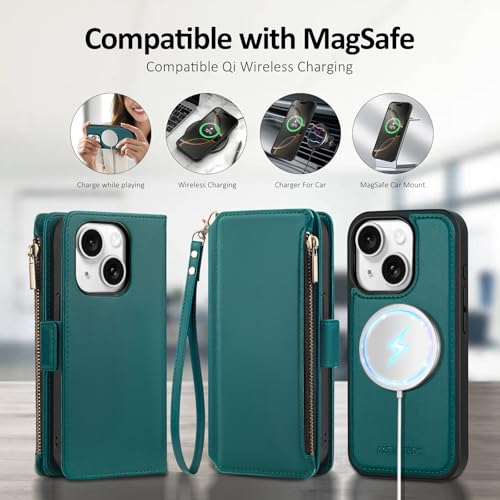 Antsturdy Compatible with MagSafe iPhone 14 Wallet Case,Indigo Blue | Detachable Magnetic Credit Card Holder,RFID Blocking,PU Leather Zipper Purse,Wrist Strap Kickstand,Flip Phone Cover for Women - color: (Detachable with Magsafe)-Indigo Blue