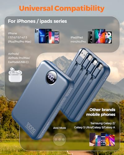 Portable Charger 10000mAh with 4 Built-in Cables 40% Smaller - color: Navy