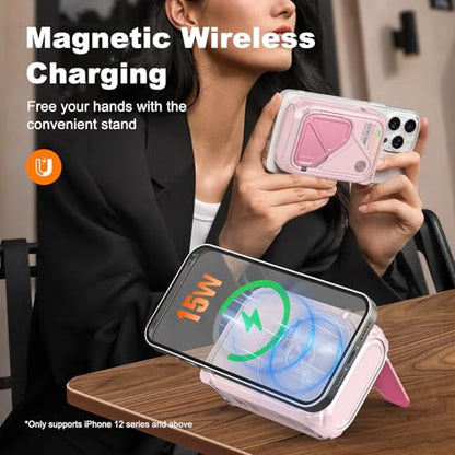 SEANCHEER P05 Portable Charger, Magnetic Power Bank, Small Wireless PowerBank, Battery Pack10000mAh Travel Essentials Fast Charging with Built in Cable, Foldable Wall Plug for iPhone,Andriod（Pink） - color: Pink