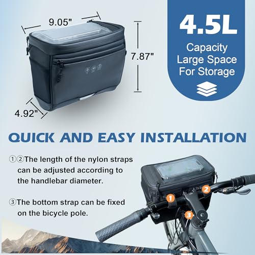 Bike Handlebar Bag with Rain Cover, Bicycle Front Phone Bag with Touch Screen, Adjustable Shoulder Waterproof Dual Zippers Insulated Basket Bag for Mountain Road Bike, Cycling Accessories