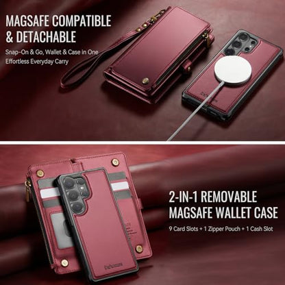 Defencase for Galaxy S26 Ultra Case Wallet Compatible with Magsafe, WineRed | Magnetic Detachable, RFID Bolcking Card Holder, Zipper Strap, PU Leather Drop-Proof Phone Cover for Samsung Galaxy S26 Ultra - color: (Detachable with Magsafe)-Wine Red