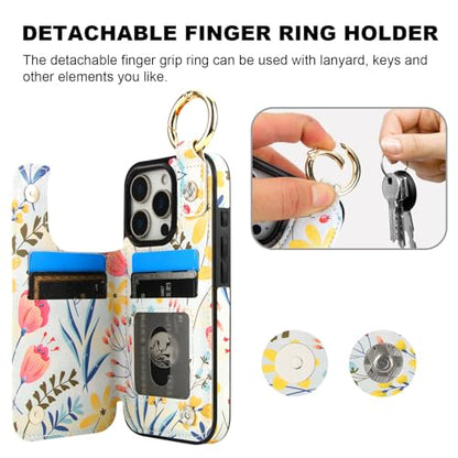 HAOPINSH for iPhone 16 Pro Wallet Case with Card Holder, Floral Flower Print Back Flip Folio PU Leather Kickstand Card Slots Case, Finger Grip Ring Double Magnetic Clasp Shockproof 6.3" - color: Floral Flower Grip Ring