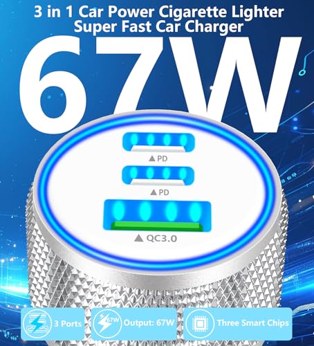 Apple MFi Certified iPhone 17 Car Charger, 3Port 67W PD/QC3.0 Power Adapter - color: Carbon Fiber Silver