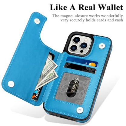 MMHUO iPhone 15 Pro Case with Card Holder, Magnetic Back Flip Wallet Case for Women, Protective Blue - color: Blue, size: Iphone 15 Pro 6.1"-(S)(Three Cameras)