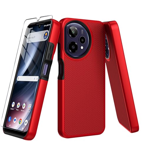 for Cricket Icon Plus 2026 (Plus Version Only) /AT&T Verge 2 Case with Tempered Glass Screen Protector,Dual Layer Heavy Duty Shockproof Protection (Red) - color: Red