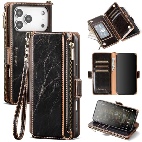Antsturdy for iPhone 17 Pro Phone Wallet Case Women,Coffee | RFID Blocking,with Credit Card Holder Slots,PU Leather Purse,Zipper Pocket,Wrist Strap Kickstand,Flip Folio Cover for Men - color: Coffee