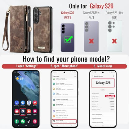 Compatible with Samsung Galaxy S26 5G Wallet Case with Magsafe with Zipper & Card Holder Strap Wristlet Detachable Magnetic Protective Back Case for Samsung Galaxy S26 5G 6.3 Inch (Brown) - color: (Detachable and Magsafe)-Brown, size: S26 6.3 Inch