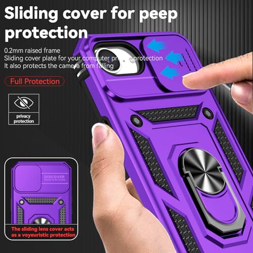 for iPhone 17E / iPhone 16E Case, with Camera Lens Cover HD Screen Protector, Dual Layer Military-Grade Drop Tested Magnetic Ring Holder Kickstand Protective Phone Case for iPhone 16E / 17E (Purple) - color: Purple with camera cover Military-Grade 2nd gen