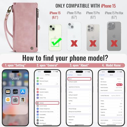 Defencase for iPhone 15 Wallet Case with RFID Blocking Card Holder, Pink | Durable Soft PU Leather, with Zipper Pocket, Wrist Strap, Fashion Snap Flip Phone Cases Cover with Stand for Women and Men - color: Airy Rose Pink