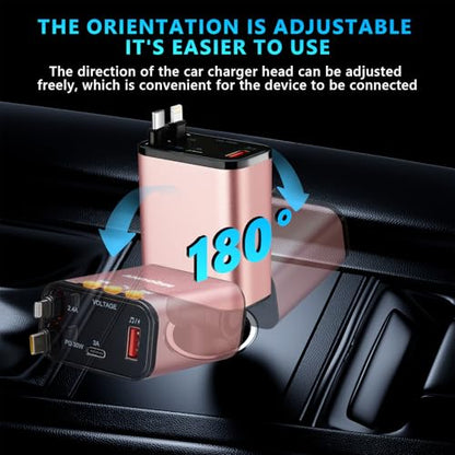 Retractable Car Charger,5 in 1 Fast Cars Phone Charger 60w,Bluetooth 5.3 FM Transmitter Adapter,Handsfree Call,MP3 Player,2 Retractable Cables and USB Chargers, for Phone,Galaxy,Pixel (Pink) - color: Pink