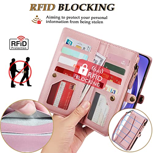 for iPhone 11 Wallet Case for Women, Support Wireless Charging with RFID Blocking Card Holder, Leather Zipper Detachable Magnetic Phone Case with Crossbody Strap Lanyard, Pink