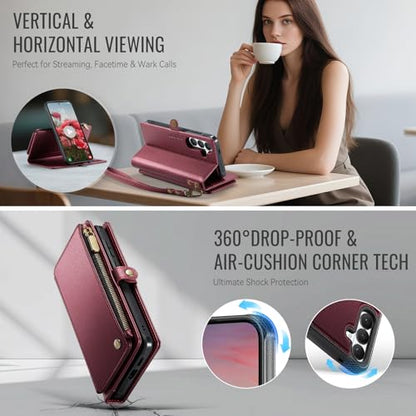 Defencase for Galaxy S26 Case Wallet Compatible with Magsafe 6.3", Wine Red | Magnetic Detachable, with RFID Bolcking Card Holder, Zipper Strap, PU Leather Drop-Proof Phone Cover for Samsung Galaxy S26 - color: (Detachable with Magsafe)-Wine Red