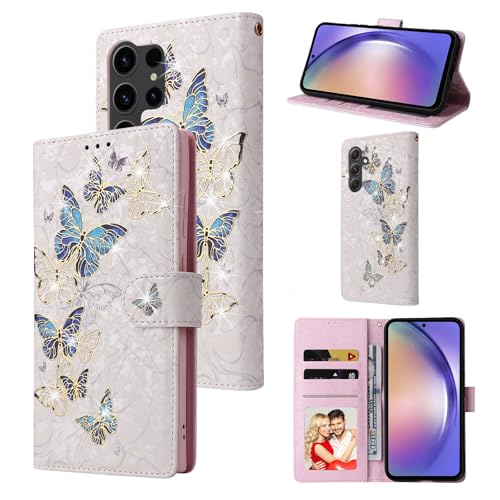 UEEBAI Wallet Case for Samsung Galaxy S23 Ultra 5G, PU Leather Phone Case Kickstand RFID Blocking Flip Case with Card Slots Wrist Strap Relief Engraved Magnetic Closure Folio Case - Blue Butterfly - color: Blue Butterfly, size: Samsung Galaxy S23 Ultra 5G