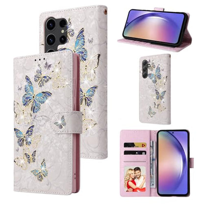 UEEBAI Wallet Case for Samsung Galaxy S23 Ultra 5G, PU Leather Phone Case Kickstand RFID Blocking Flip Case with Card Slots Wrist Strap Relief Engraved Magnetic Closure Folio Case - Blue Butterfly - color: Blue Butterfly, size: Samsung Galaxy S23 Ultra 5G