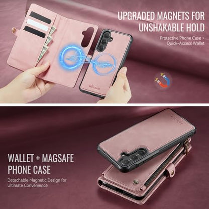 Defencase for Galaxy S25 Plus Case Wallet Compatible with Magsafe, Rosepink | Magnetic Detachable, RFID Bolcking Card Holder, Zipper Strap, PU Leather Drop-Proof Phone Cover for Samsung Galaxy S25+/Plus - color: (Detachable with Magsafe)-Pink