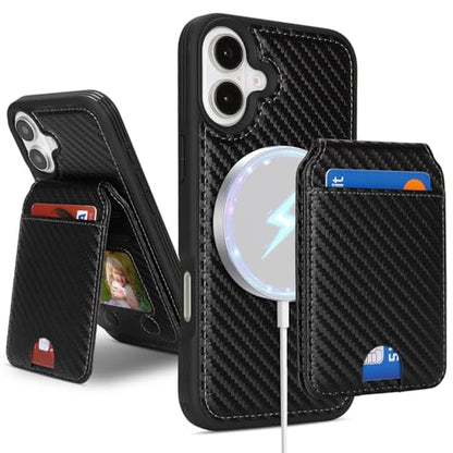 Ｈａｖａｙａ Carbon Fiber Wallet Case for iPhone 16 - Black | Carbon fiber, detachable wallet, 5-card slots & kickstand, MagSafe 15W fast charge, raised bezels - color: Black