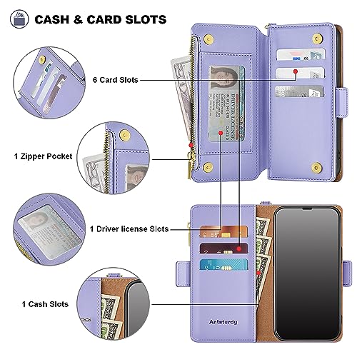 Antsturdy for iPhone 13 Pro Phone Wallet Case Women,Light Purple | RFID Blocking,with Credit Card Holder Slots,PU Leather Purse,Zipper Pocket,Wrist Strap Kickstand,Flip Folio Cover for Men - color: Light Purple