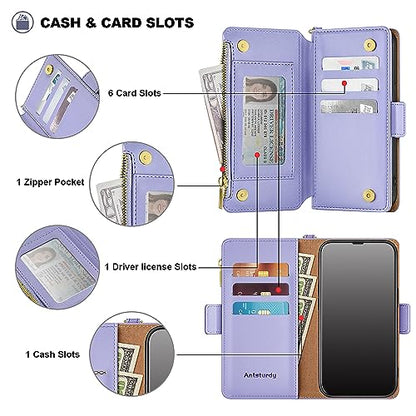 Antsturdy for iPhone 13 Pro Phone Wallet Case Women,Light Purple | RFID Blocking,with Credit Card Holder Slots,PU Leather Purse,Zipper Pocket,Wrist Strap Kickstand,Flip Folio Cover for Men - color: Light Purple