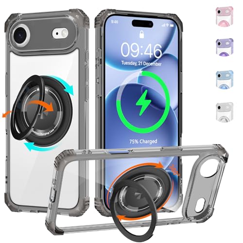 Clear Case for iPhone Air Case with Stand Compatible with MagSafe | Military Grade Heavy Duty Cover with 360 Rotatable Ring Kickstand -260417 - color: Clear Black, size: iPhone Air