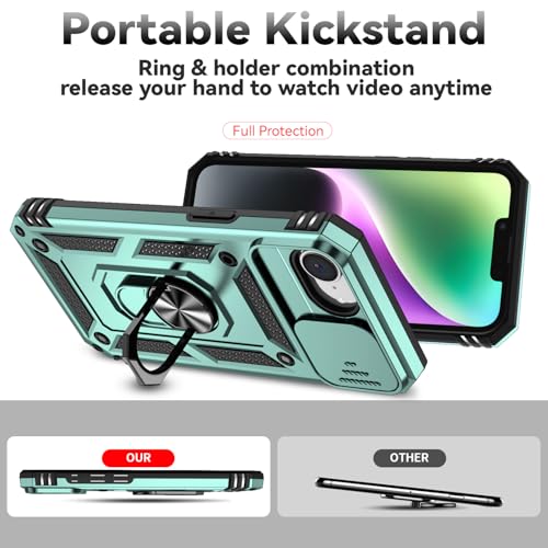 for iPhone 17E / iPhone 16E Case, with Camera Lens Cover Screen Protector, Dual Layer Military-Grade Drop Tested Magnetic Ring Holder Kickstand Protective Phone Case for iPhone 16E / 17E (Dark Green) - color: Dark Green w/ camera cover Military-Grade 2nd