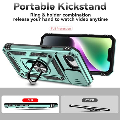 for iPhone 17E / iPhone 16E Case, with Camera Lens Cover Screen Protector, Dual Layer Military-Grade Drop Tested Magnetic Ring Holder Kickstand Protective Phone Case for iPhone 16E / 17E (Dark Green) - color: Dark Green w/ camera cover Military-Grade 2nd