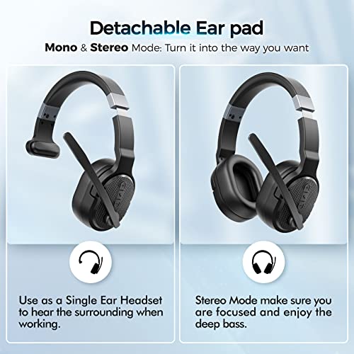 COSMUSIS Trucker Bluetooth Headset with Dongle, Wireless Headsets with Noise Cancelling Microphone, 50+Hrs HD Talktime Bluetooth Headphones with Detachable Earpad/Single+Dual Mode for Office/Driving - color: Onyx Black