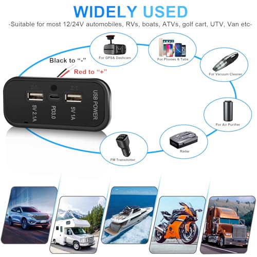 12V RV USB Outlet 3 Charging Ports 45.5W Panel Wall Surface Mount - color: Black, size: 1PCS