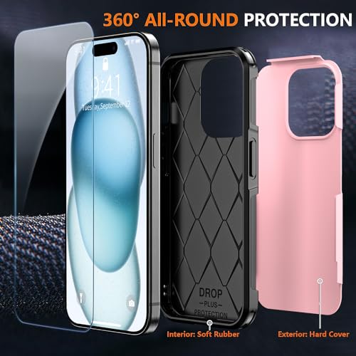 Shockproof for iPhone 15 Case,[15 FT Military Grade Drop Protection],with 2X [Tempered Glass Screen Protector ] with Air Bumpers Full-Body Protective Phone Case,Pink Black - color: Pink Black