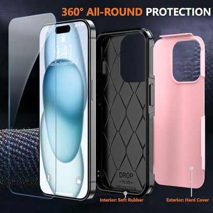 Shockproof for iPhone 15 Case,[15 FT Military Grade Drop Protection],with 2X [Tempered Glass Screen Protector ] with Air Bumpers Full-Body Protective Phone Case,Pink Black - color: Pink Black